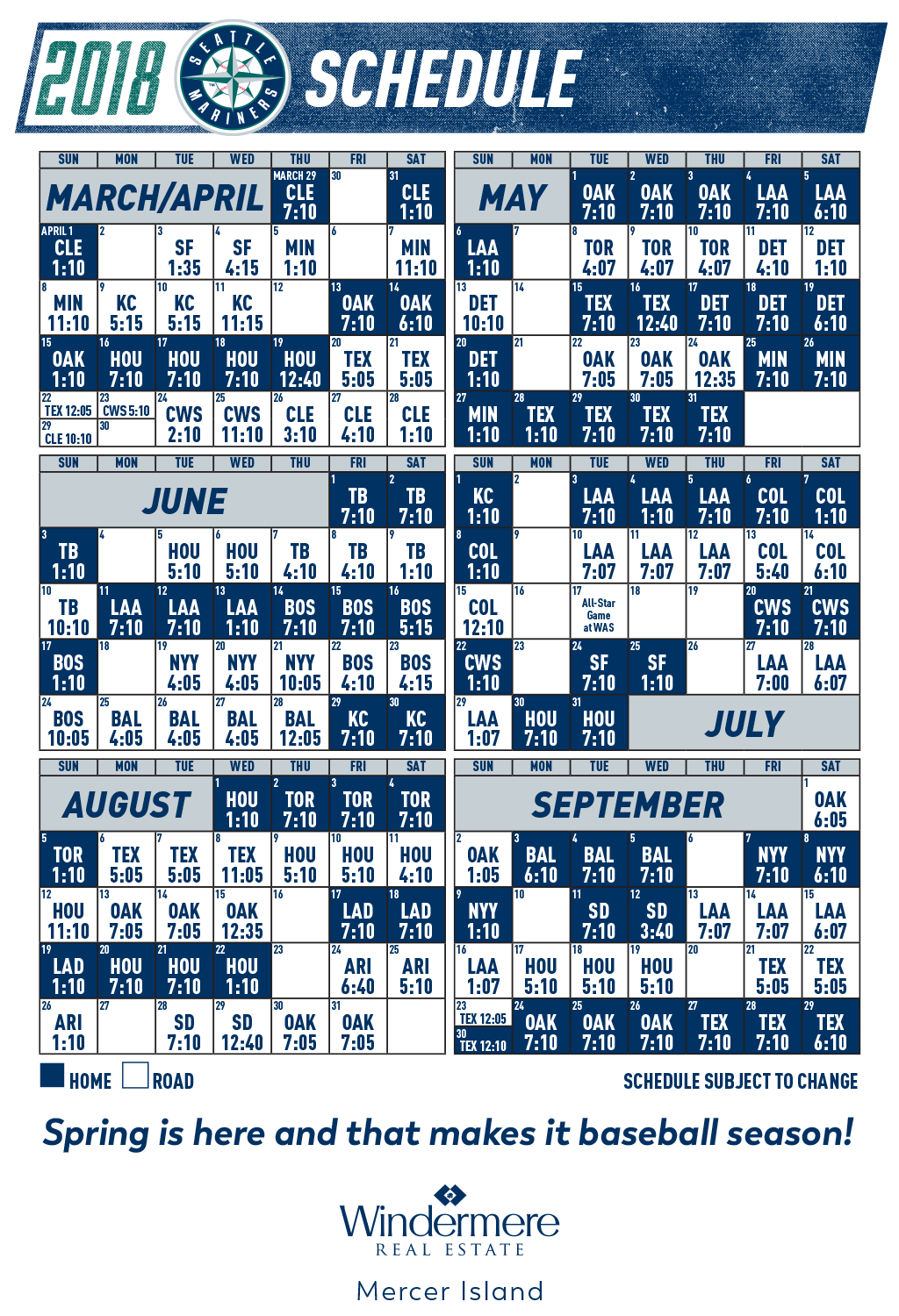 2018 Seattle Baseball Schedule | Tom Fine